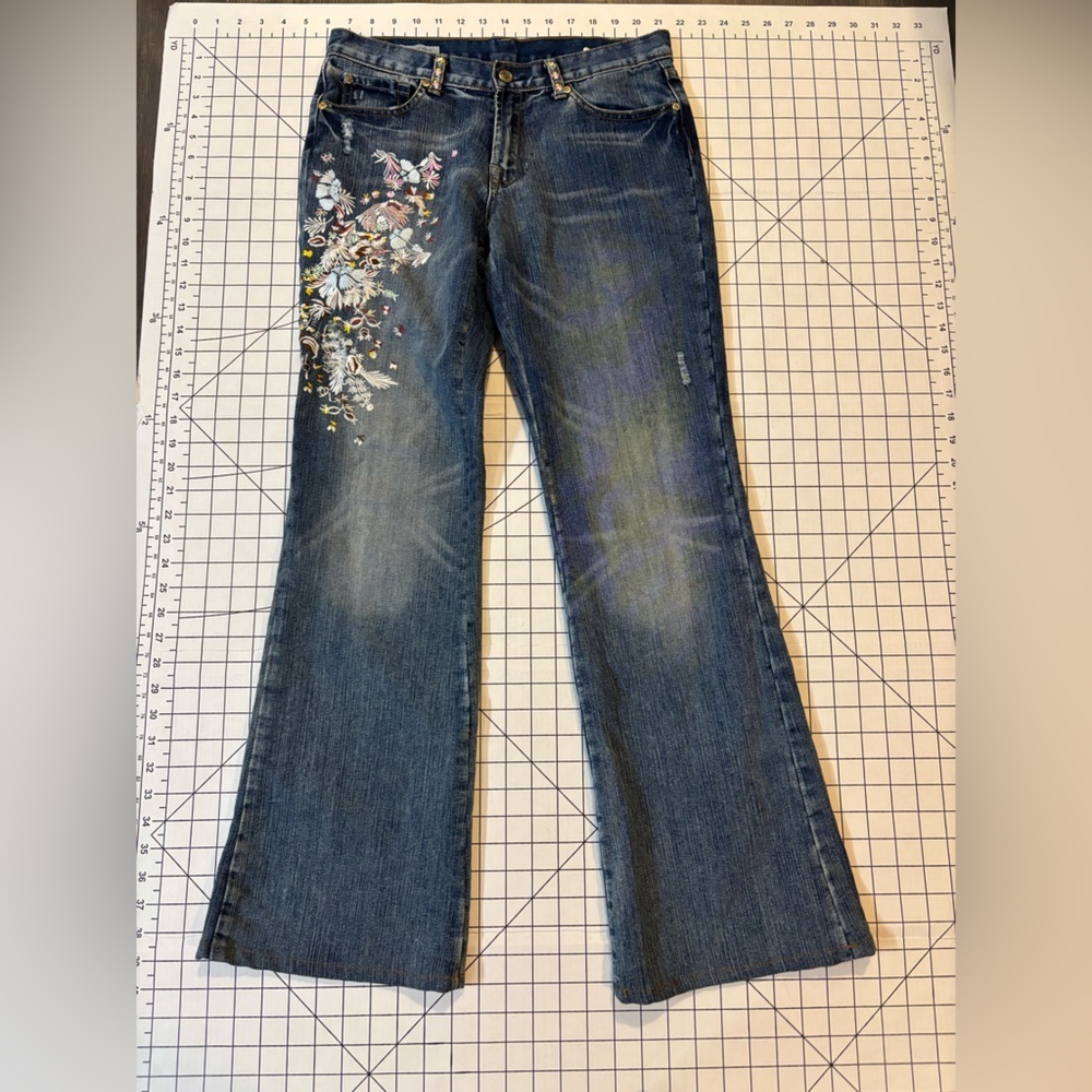 RARE 7 For All Mankind + Zac Posen Blue Flare Jeans with Botanical Embroidery - Picture 3 of 15